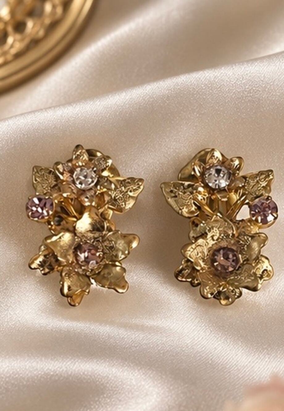 Vintage 1960s Restored Floral Rhinestone Clip-On Earrings Marked Austria
